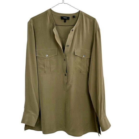 THEORY Damaris Summer Silk Tunic • Long Sleeve Mandarin Collar • L • Light Olive - Picture 3 of 16